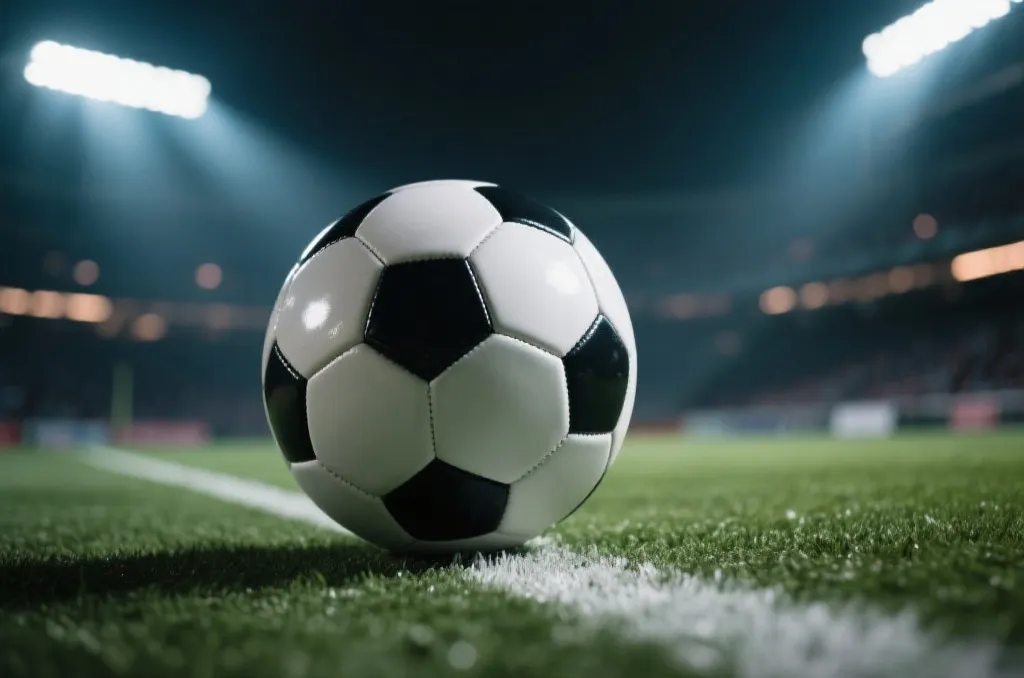 足球在聚光灯下滚动，象征体育回归纯粹与团结